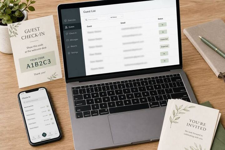 Guest check-in desk with tablet and welcome code at a celebration venue